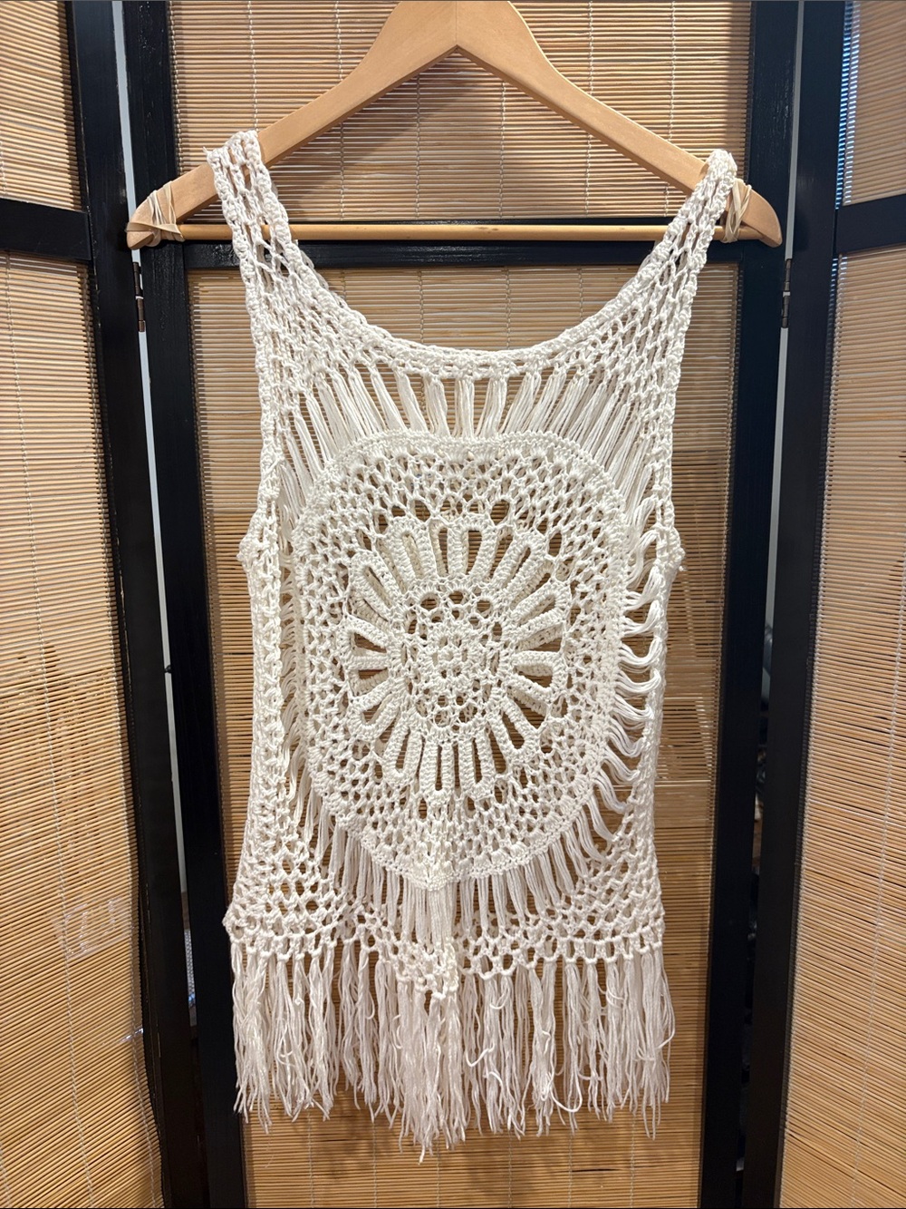 Boho Crochet Fringe Tank Top - Cream